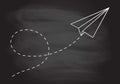 Paper plane following a path isolated on chalkboard background. Airplane track or route with dotted lines. Vector illustration